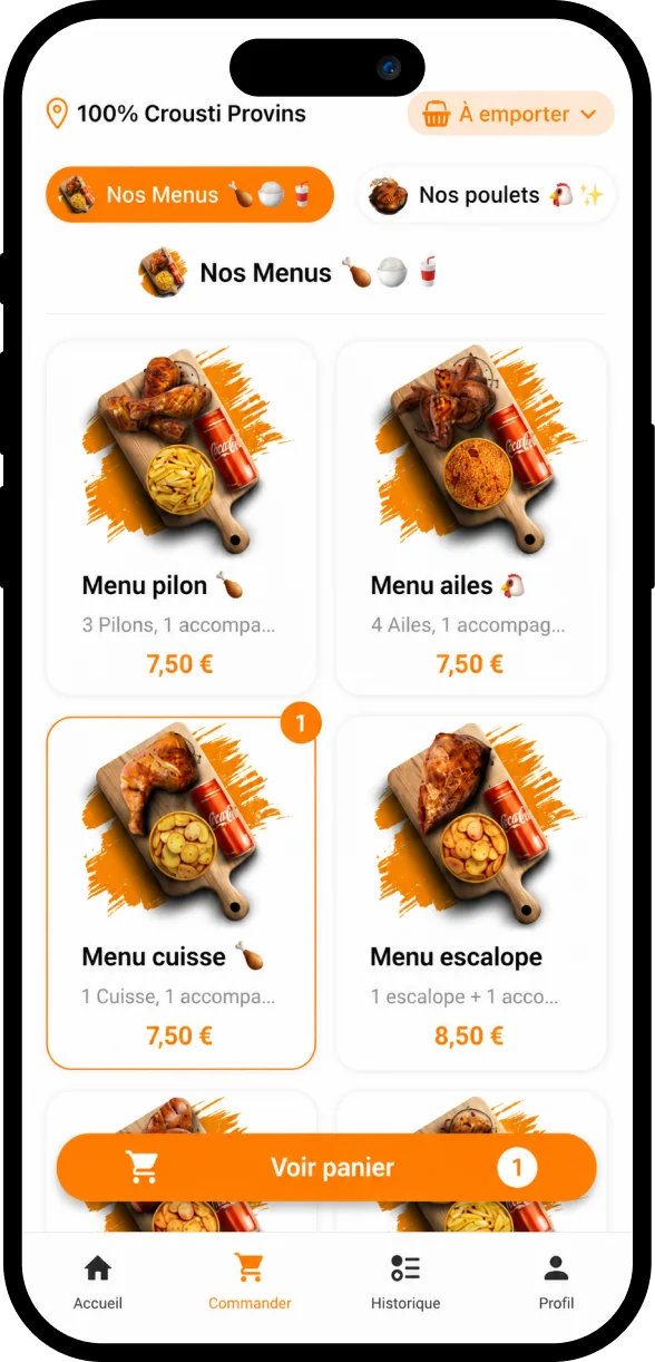 Sélection des menus dans l’appli 100% Crousti